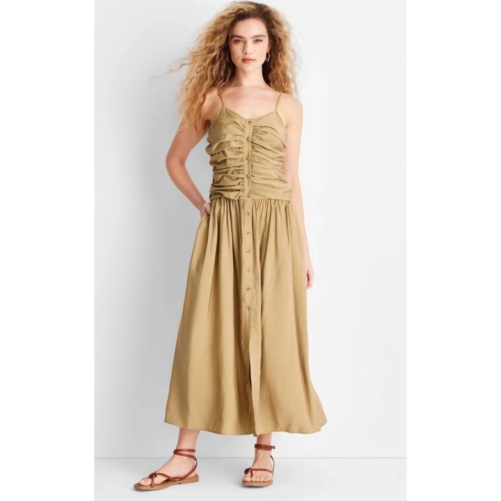 Future Collective Tan‎ Brown Ruched Button Front Midi Dress Sleeveless New small